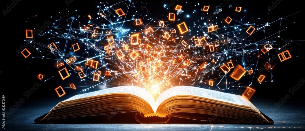 Poster exploring creativity through an open book imaginative space digital art illuminated environment abst