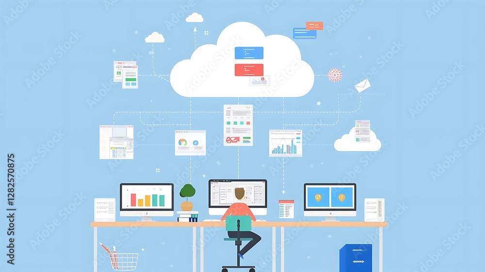 Poster cloud computing concept with multiple devices connected to a central cloud network