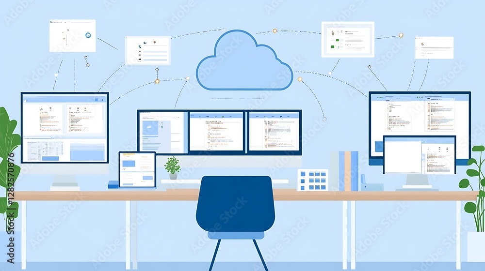 Poster cloud computing concept with multiple devices connected to a central cloud network