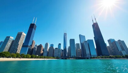 Obraz premium Chicago's iconic skyscrapers pierce a vibrant blue sky , North America, cityscape, buildings