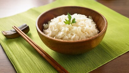 木製のお椀に盛られたたけのこご飯、淡いグリーンのテーブルクロスに包まれる春の味覚
