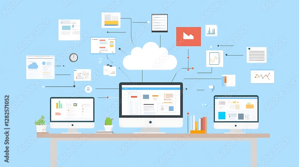 Poster cloud computing concept with multiple devices connected to a central cloud network