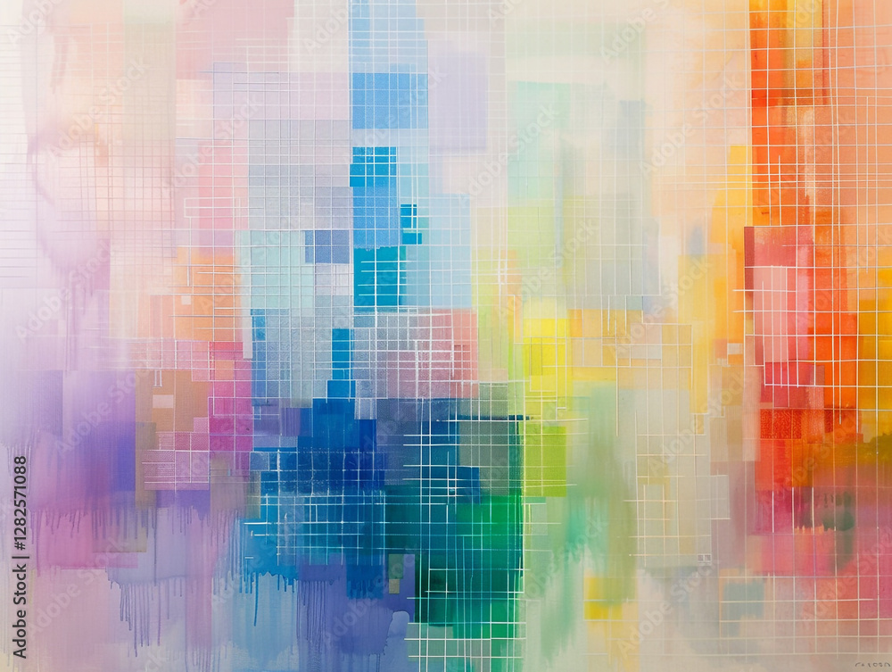 Poster an abstract oil painting featuring overlapping translucent rectangles in various pastel and vibrant 
