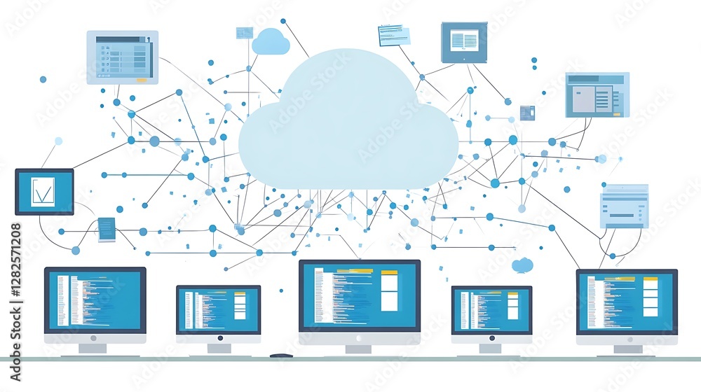Poster cloud computing concept with multiple devices connected to a central cloud network