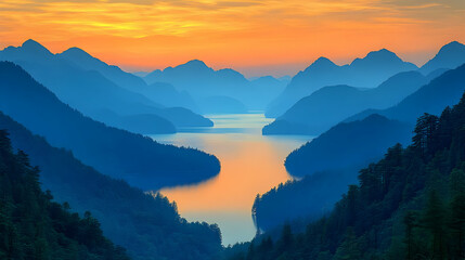 Obraz premium Serene Mountain Valley Lake Sunset View