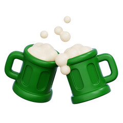 Two mug of green beer with foamy tops isolated.  3D Render illustration in minimal cartoon style.