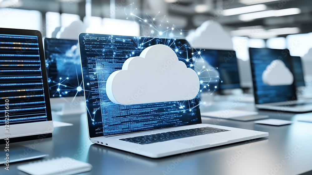 Poster cloud computing concept with multiple devices connected to a central cloud network