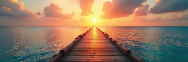 Obraz premium Golden sunset paints sky, long wooden walkway extends over calm ocean , orange, horizon, breathtaking