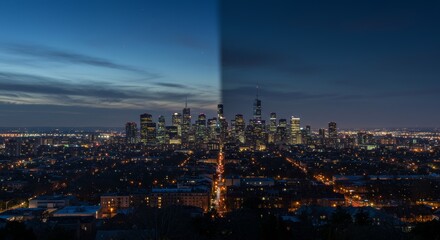 Fototapeta premium Urban dichotomy city skyline nightscape contrasting economic conditions