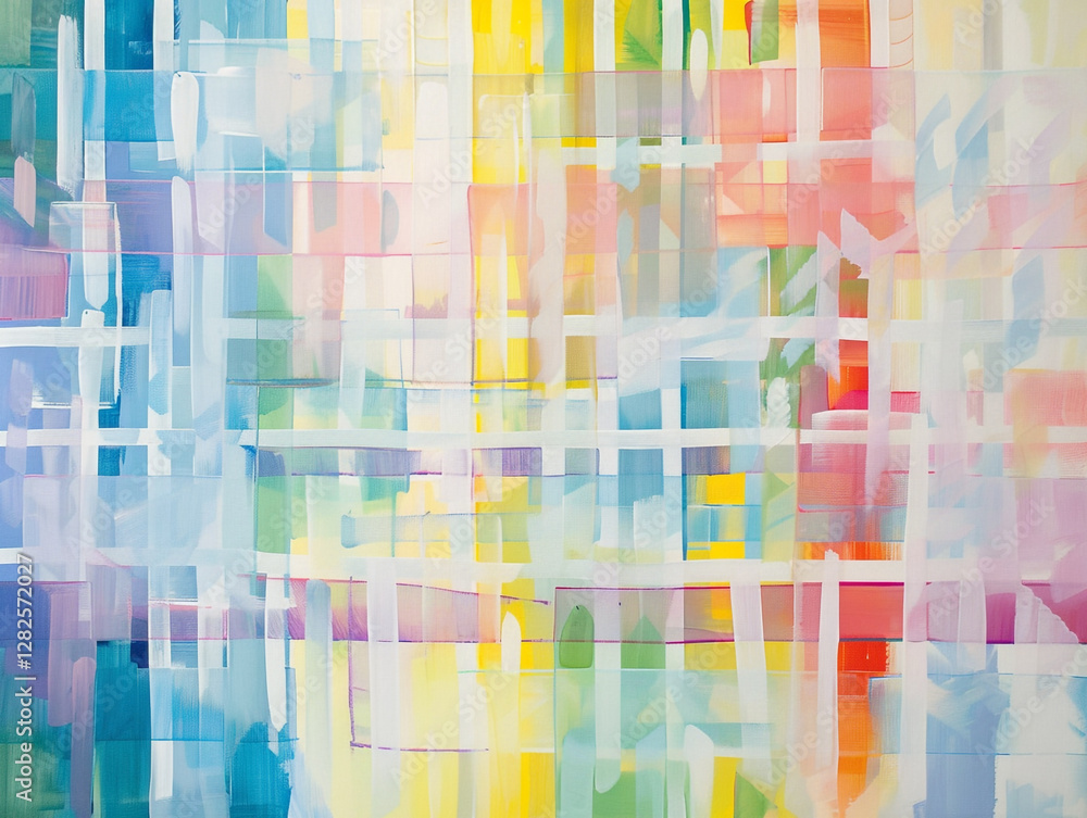Poster an abstract oil painting featuring overlapping translucent rectangles in various pastel and vibrant 