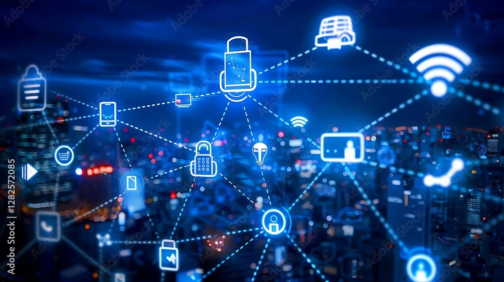 Poster digital network connections with user icons and security symbols representing online interaction
