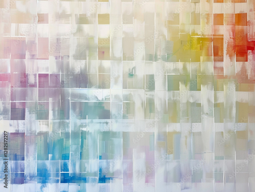 Poster an abstract oil painting featuring overlapping translucent rectangles in various pastel and vibrant 