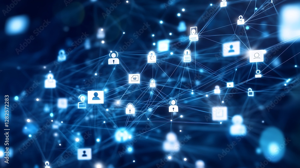 Poster digital network connections with user icons and security symbols representing online interaction