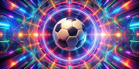 Fototapeta premium Vortex energy swirling around a glowing soccer ball in a kaleidoscope background with geometric shapes and neon lights, vortex, vibrant colors