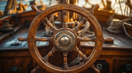 Fototapeta premium Antique wooden ship's wheel at sunset