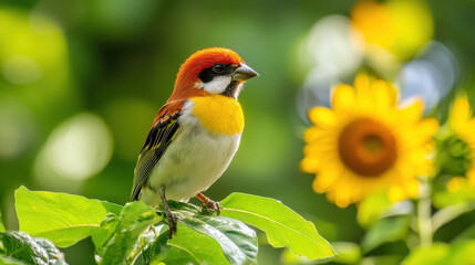 Fototapeta premium Exotic bird perched on green leaves with sunflower backdrop, showcasing vibrant colors and serene atmosphere