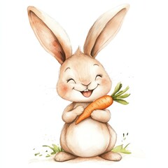 Obraz premium Happy bunny with big ears and carrot design for T-shirt POD print on demand on white background