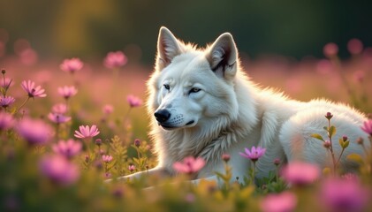 Obraz premium White wolf sleeps amidst pink wildflowers, dawn light , field, soft