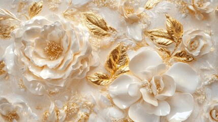 White gold floral 3D relief wall art; background texture; home decor