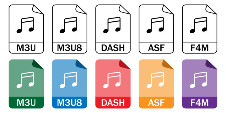 Collection of streaming media file format icons (M3U, M3U8, DASH, ASF, F4M) in outline and color styles. Ideal for content creators and online broadcasting.