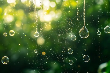 Water drops, bubbles, sunlight, forest background