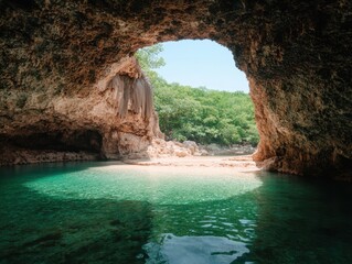 Cave opening with clear turquoise water and lush greenery.