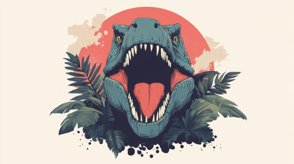 Naklejka premium Fierce Dinosaur Roaring with Tropical Foliage and Warm Background
