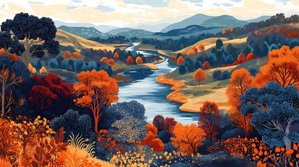 Autumnal River Valley Landscape Scenic Vista