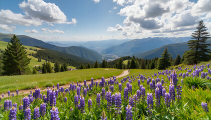 Stunning mountain landscape with blooming flowers, natural beauty