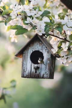 Birdhouse on flowering tree branch