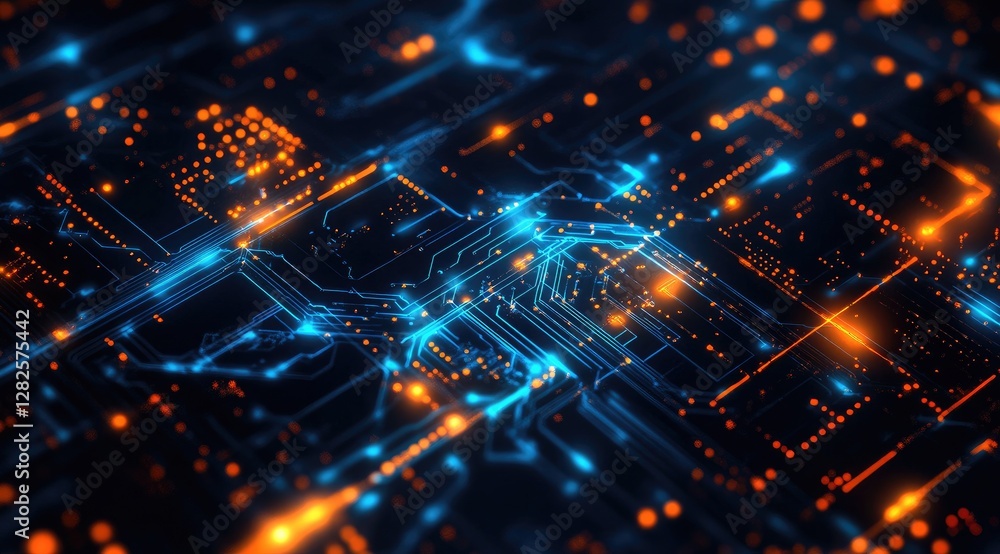Poster glowing circuit board, network data flow, abstract background, tech design