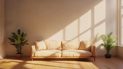 Bright and Airy Living Room with Sofa and Indoor Plants