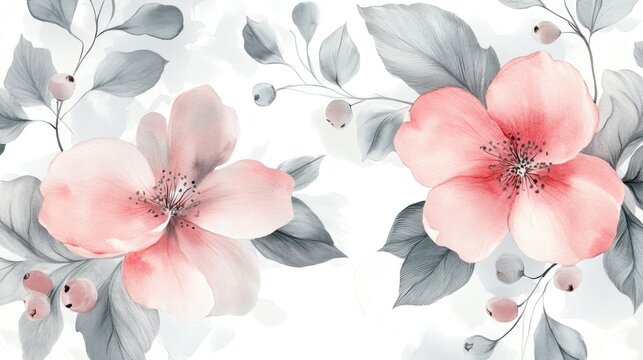 Peach blossoms, grey leaves, watercolor, floral design, textile print