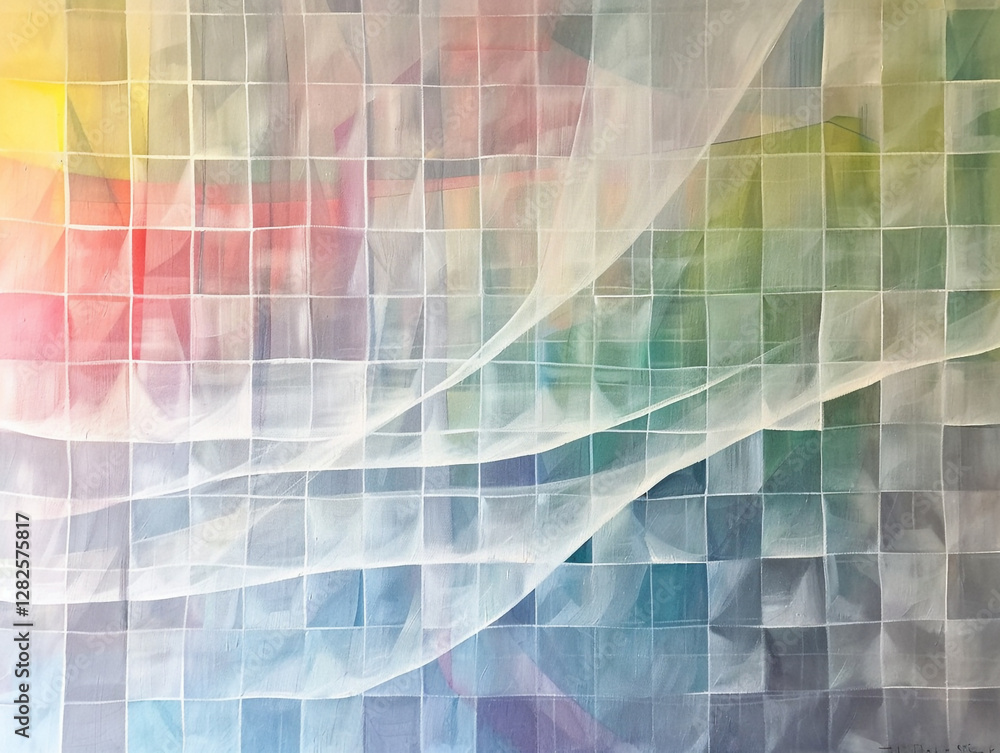 Poster an abstract oil painting featuring overlapping translucent rectangles in various pastel and vibrant 
