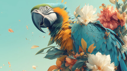 Obraz premium Colorful Macaw Bird with Flowers and Vibrant Background