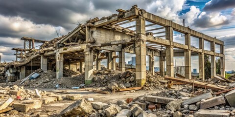 Ruined structure with crumbled concrete and twisted metal beams , wrecked, rubble,  wrecked