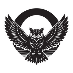 Owl with wide wingspan and moon Silhouette Vector Illustration, Solid White Background.