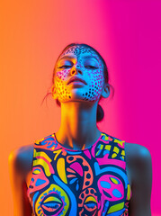 Woman in colorful clothing with vibrant tropical print, against a colorful background. Photography for advertising Carnival and summer in Brazil: shopping, fashion, culture and lifestyle