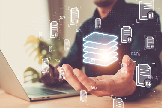 Data management cloud computing technology system for computer network cyber security or database file document transfer and sharing, big data for finance analytics to growth concepts.