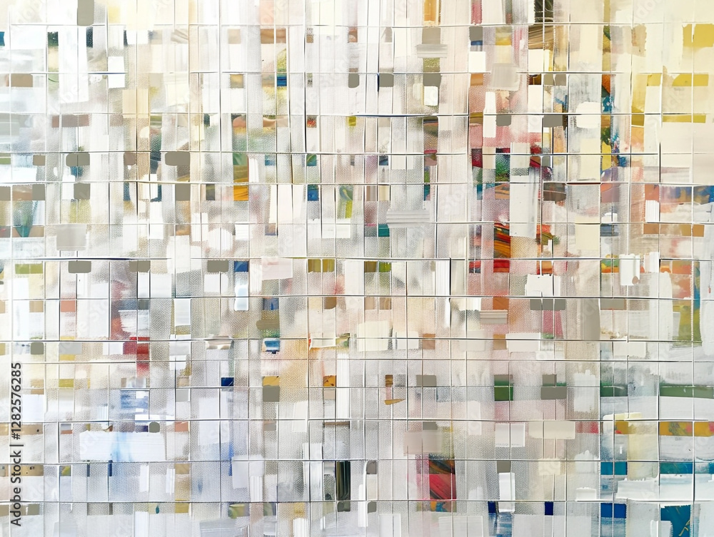 Poster an abstract oil painting featuring overlapping translucent rectangles in various pastel and vibrant 