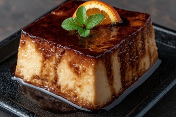 Delicious flan dessert with orange and mint garnish.