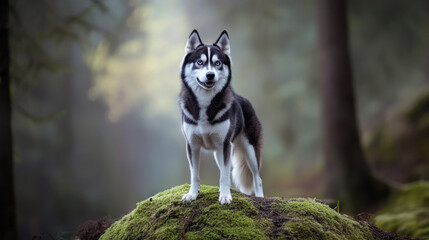 black and white husky standing proudly on mossy rock in serene forest. dog exudes confidence and beauty amidst lush greenery, creating captivating scene