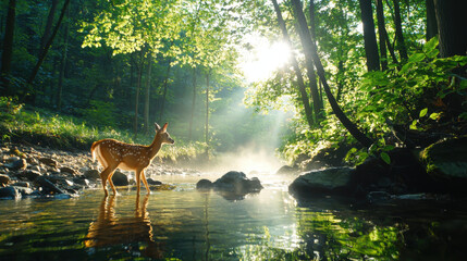 Gentle deer frolicking in misty forest by calm river, surrounded by lush greenery and sunlight filtering through trees