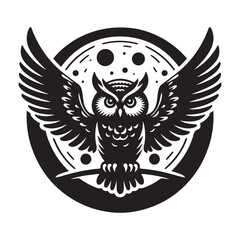 Owl with wide wingspan and moon Silhouette Vector Illustration, Solid White Background.
