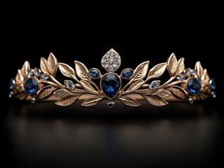 Fototapeta premium A golden tiara with blue gemstones on a black background.