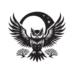 Owl with wide wingspan and moon Silhouette Vector Illustration, Solid White Background.