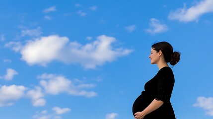 Expecting Mother Embracing the Joy of Pregnancy Against a Clear Sky