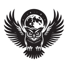 Owl with wide wingspan and moon Silhouette Vector Illustration, Solid White Background.
