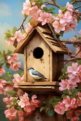 Wooden birdhouse with bluebird on perch amidst pink cherry blossoms