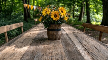 Rustic wooden table centerpiece with sunflowers in a forest setting.